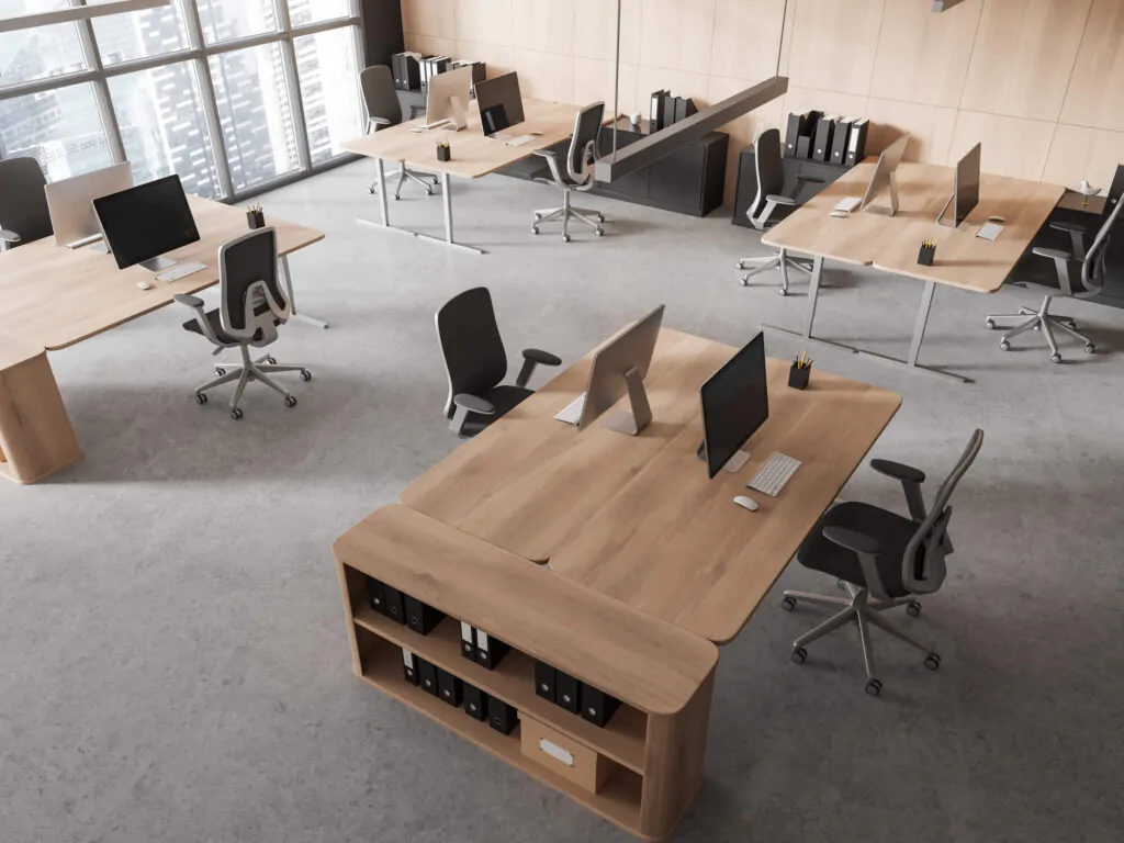 overhead shot of clean, tidy office with clean carpet